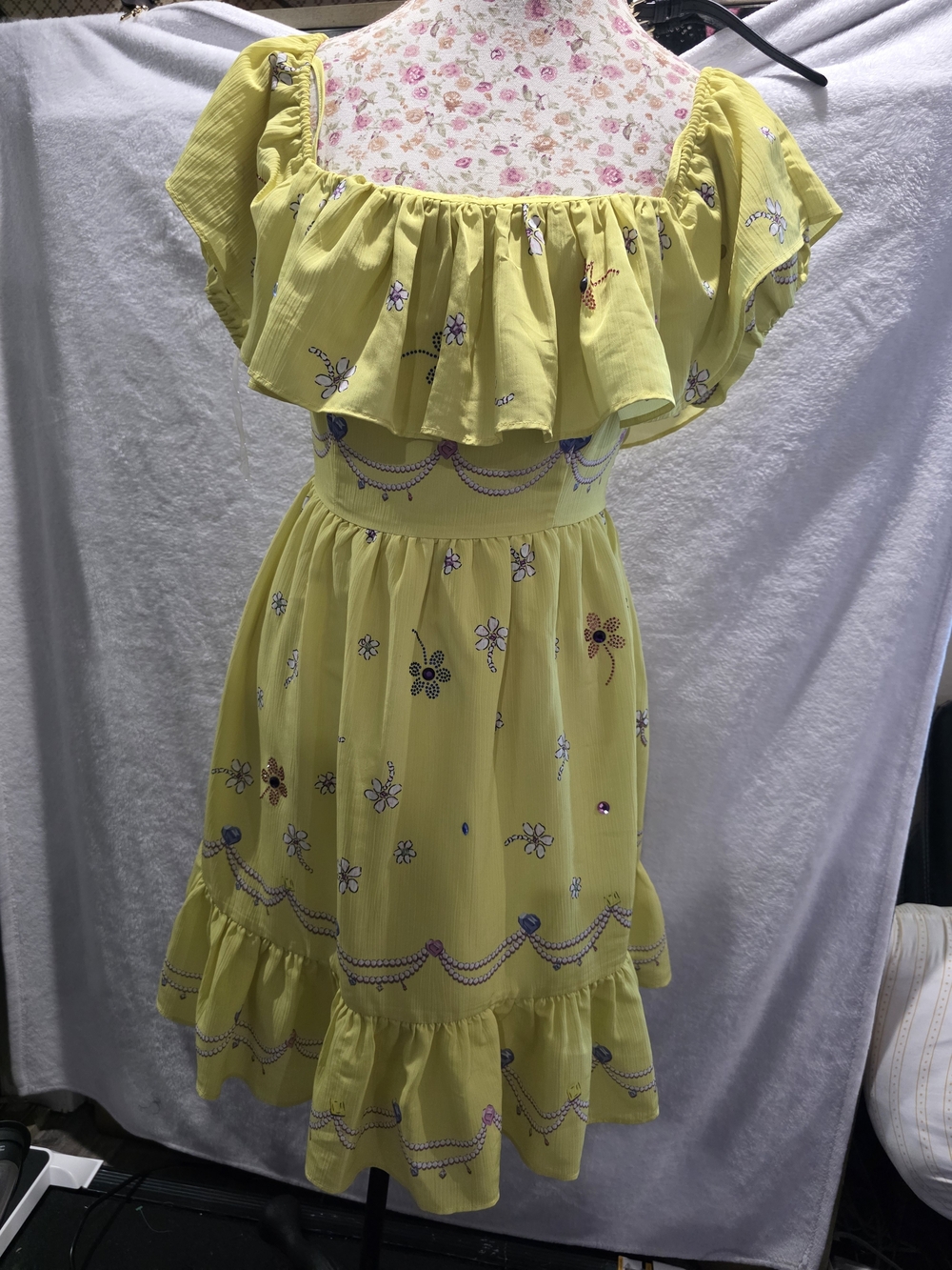 Yellow Floral Ruffle Mini Dress with Off-Shoulder Detail